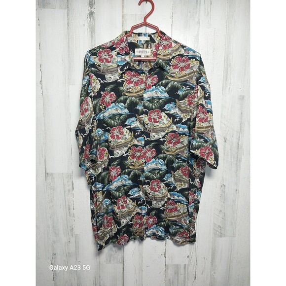 Campia Moda Mens Hawaiian Shirt Black w/ Fish Size XL Short Sleeve Button Down - Picture 1 of 5